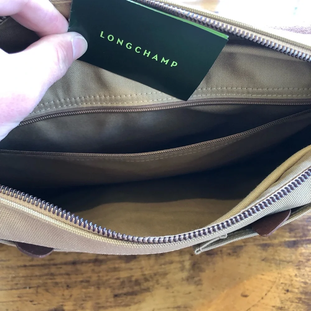 Longchamp Beige and Brown Leather-Trim Briefcase